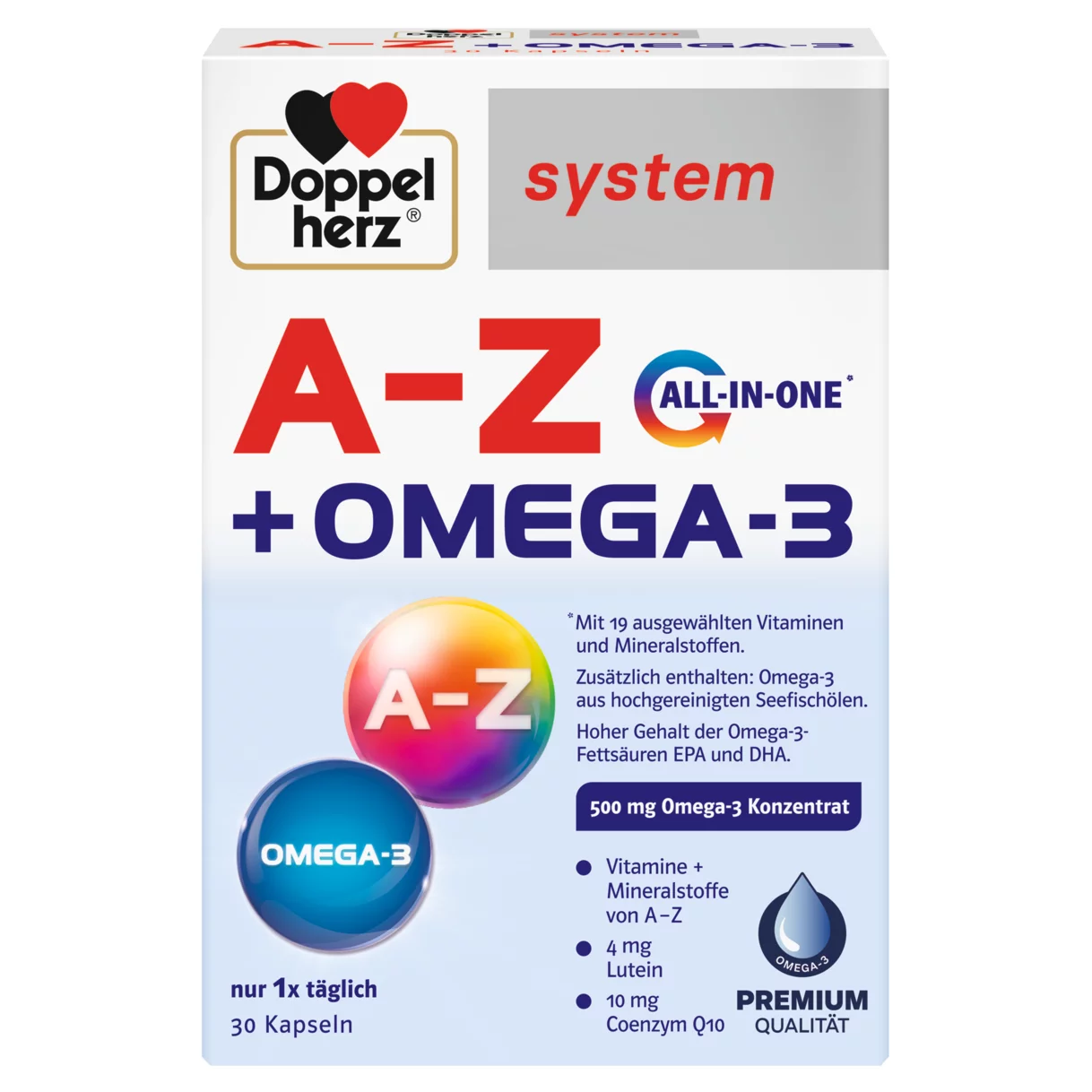 Abbildung der Produktverpackung Doppelherz system A-Z + OMEGA-3 Frontansicht